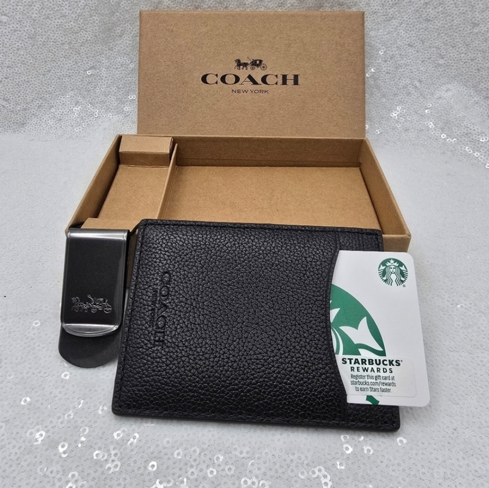 Coach Boxed Card Case & Money Clip Gift Set Black Leather - Picture 6 of 12